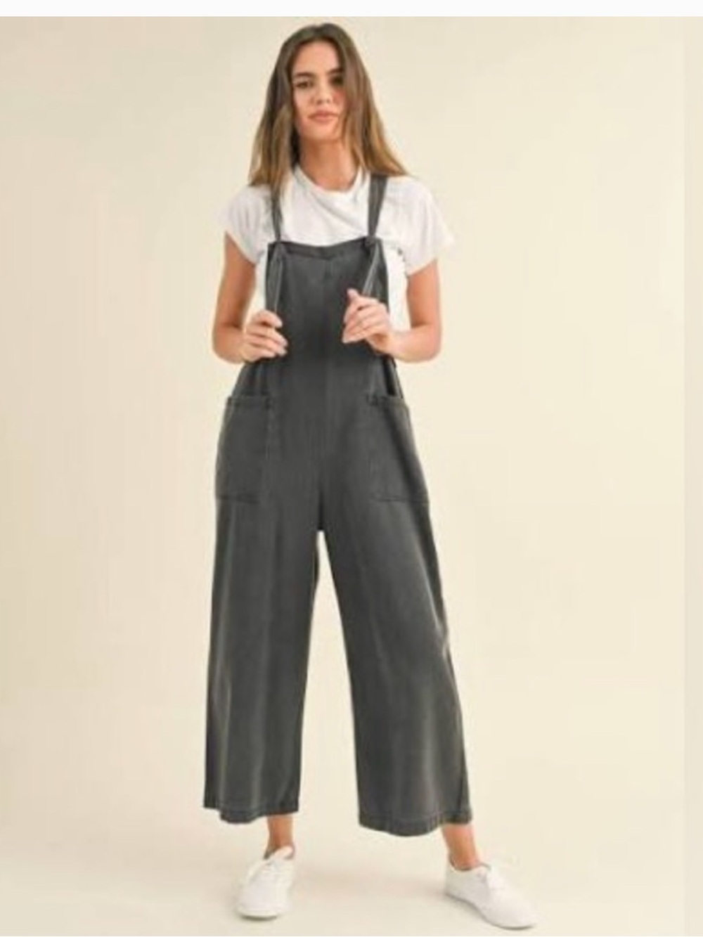 Wide Leg Dark Gray Cropped Maternity Overalls Jumpsuit